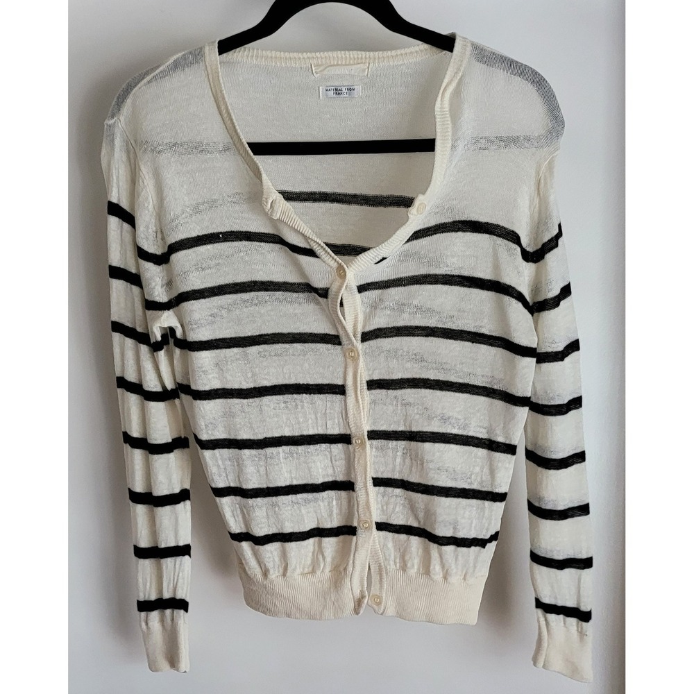 Jeanasis Cardigan One-Size Striped Long Sleeve White Black Linen Classic Wrap